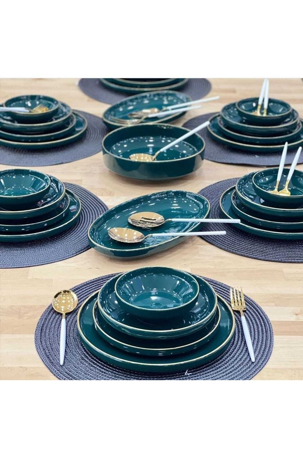 25 Parça Modern Yaldızlı Yemek Takımı Yeşil
