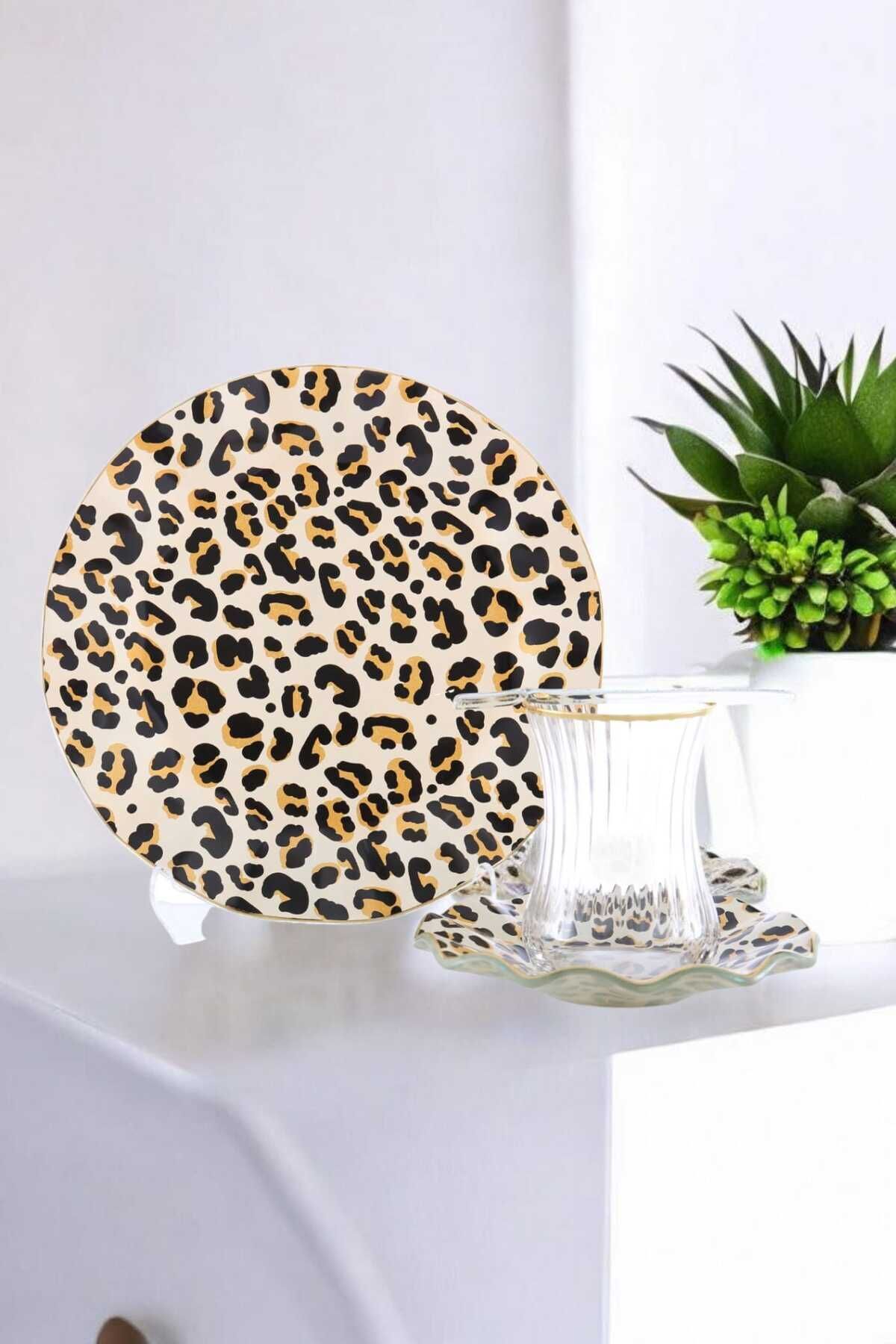 24 Parça 6 Kişilik Leopar Desenli Yaldızlı Çay Pasta Seti