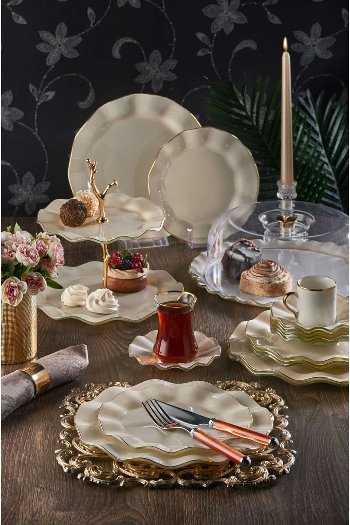 34 Parça 6 Kişilik Elegant Yaldızlı Pasta Çay Servis İkram Seti