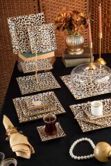 34 Parça 6 Kişilik Kare Leopar Desenli Pasta Çay Servis İkram Seti