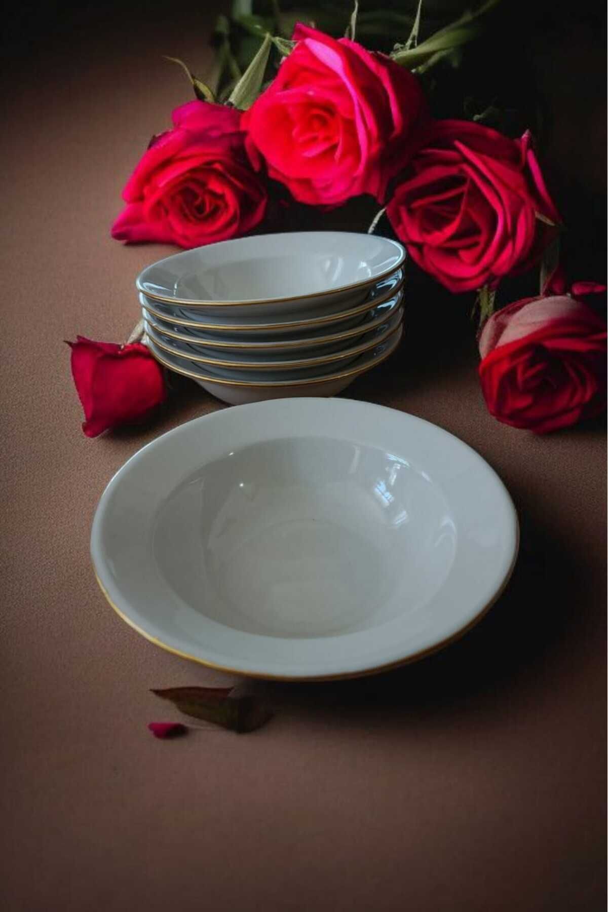 6 Adet Yaldızlı 13 cm Yuvarlak Porselen Kase