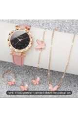 6 Parça Set Kadın Kol Saati Pembe Kordon