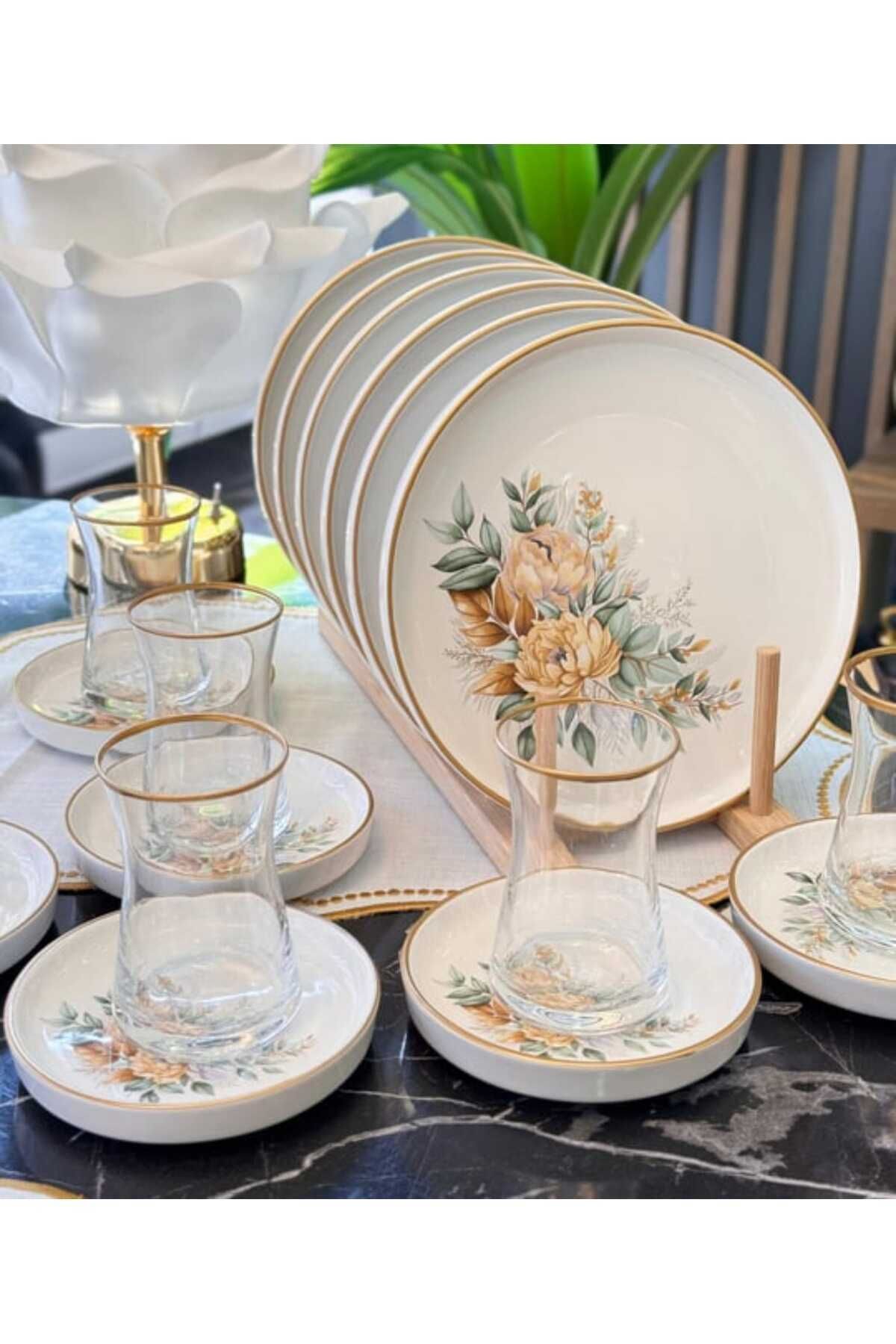 18 Parça 6 Kişilik  Desenli Çay Pasta Seti