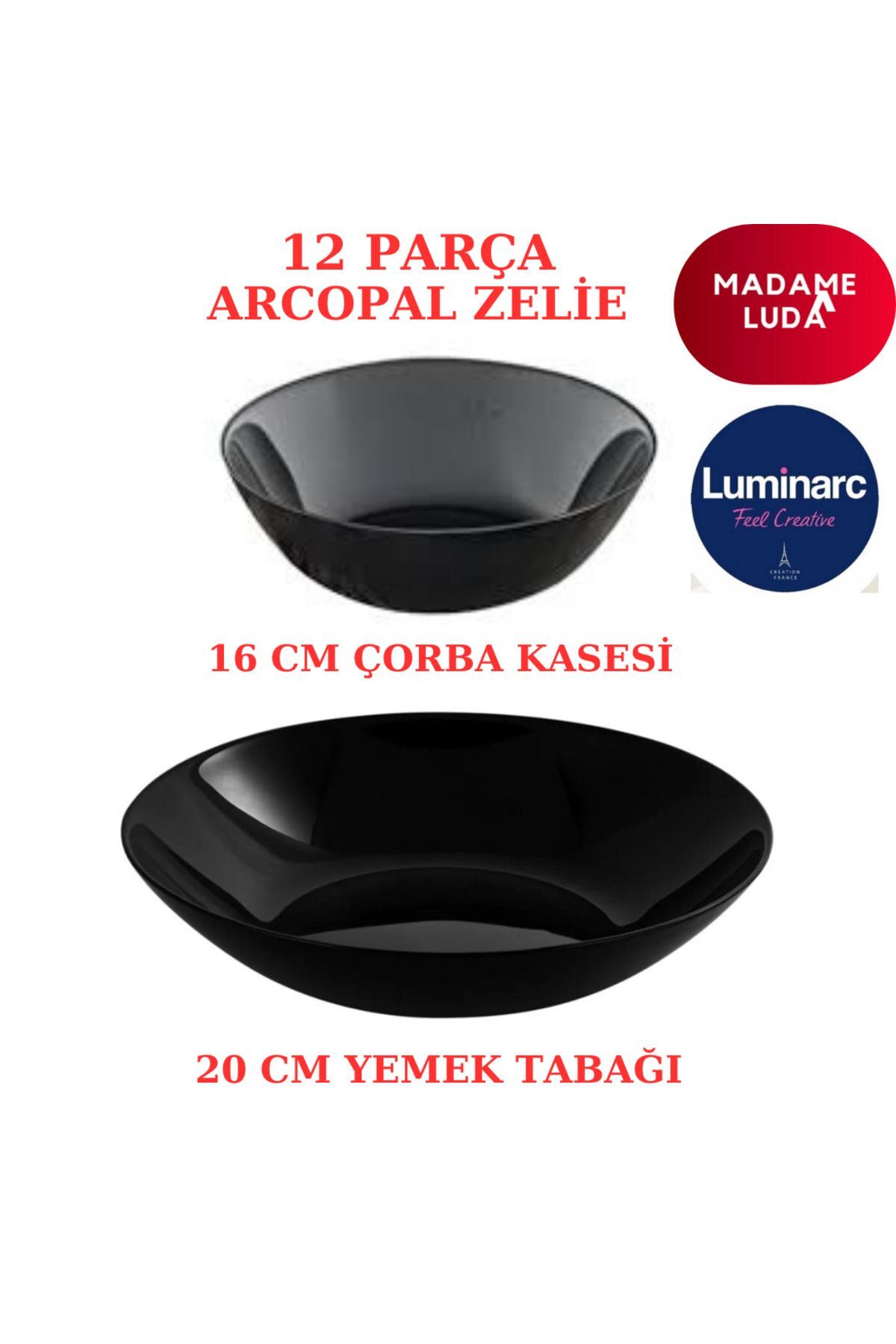 Madame Luda Arcopal Zelie Siyah Yemek Tabağı & Çorba Kasesi.12 Parça 6 Kişilik Yemek Takımı.