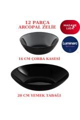 Madame Luda Arcopal Zelie Siyah Yemek Tabağı & Çorba Kasesi.12 Parça 6 Kişilik Yemek Takımı.