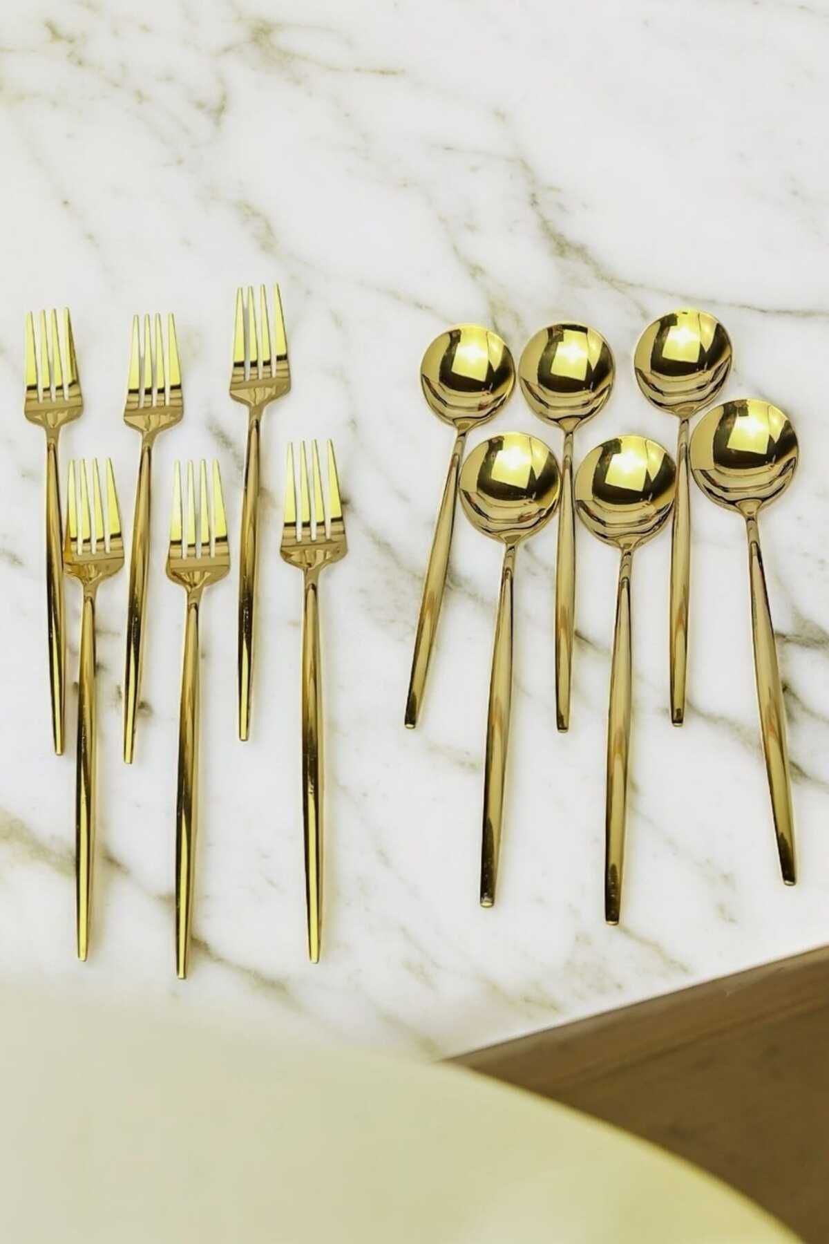 12 Parça Parlak  Gold Yemek Çatal Kaşık Seti