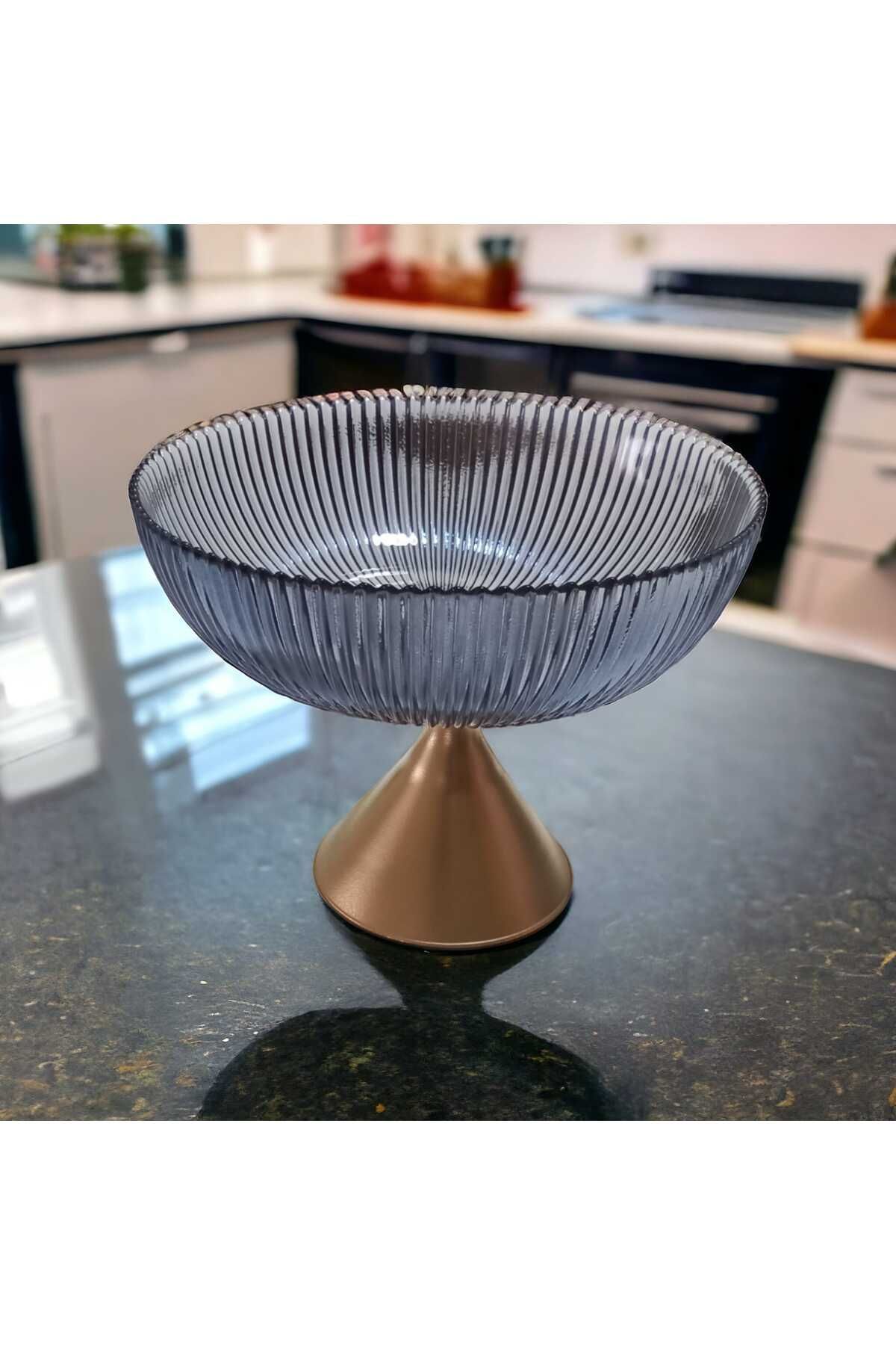 Yaldızlı Ayaklı Cam Kase 20 cm Su Mavisi