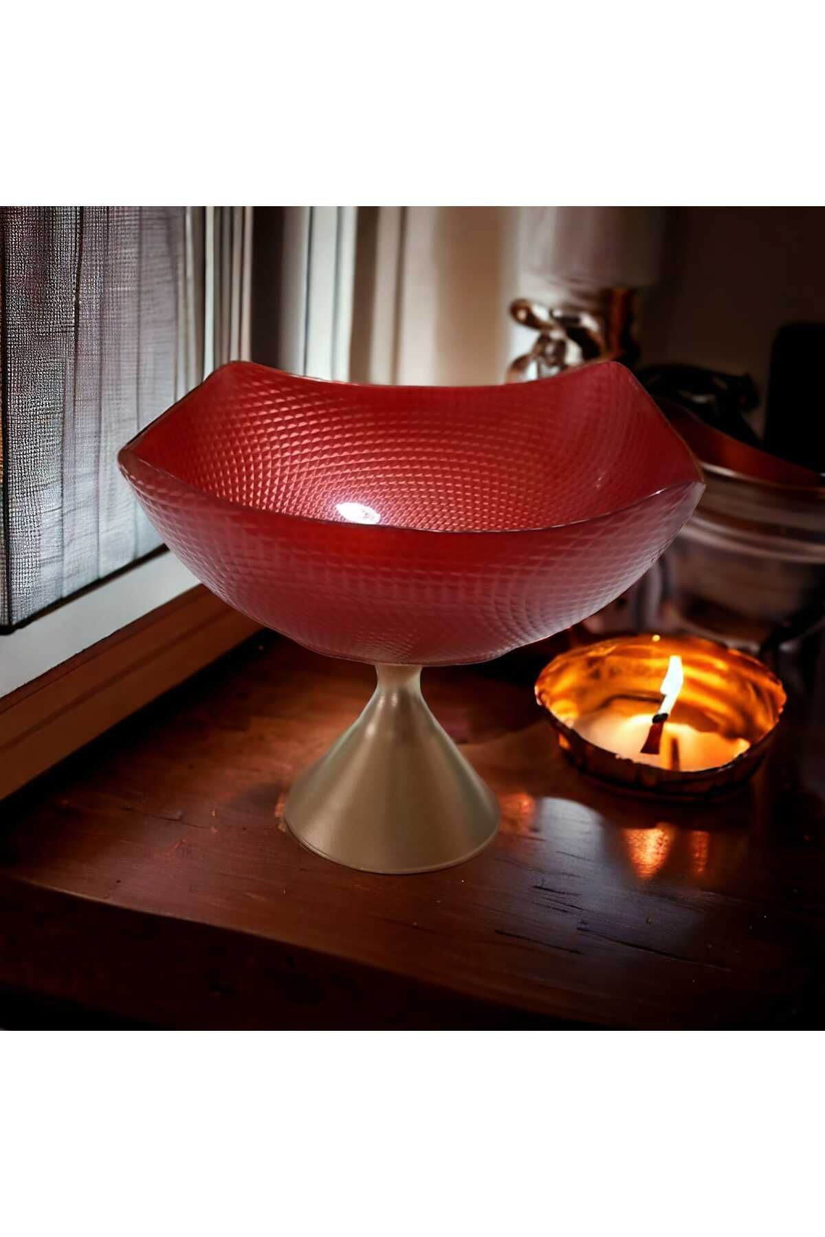 Yaldızlı  Ayaklı Cam Kase 26x12 cm Kırmızı