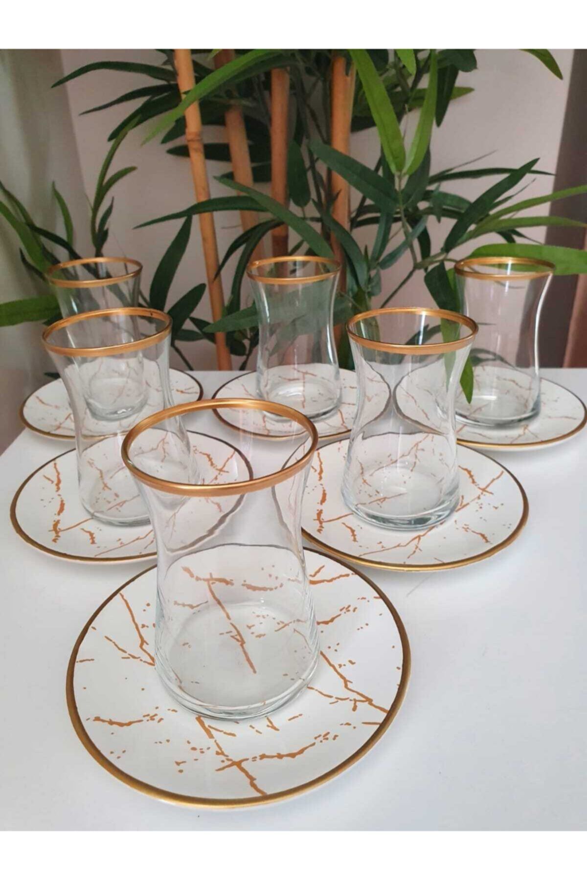 12 Parça 6 Kişilik Mermer Çay Seti Gold