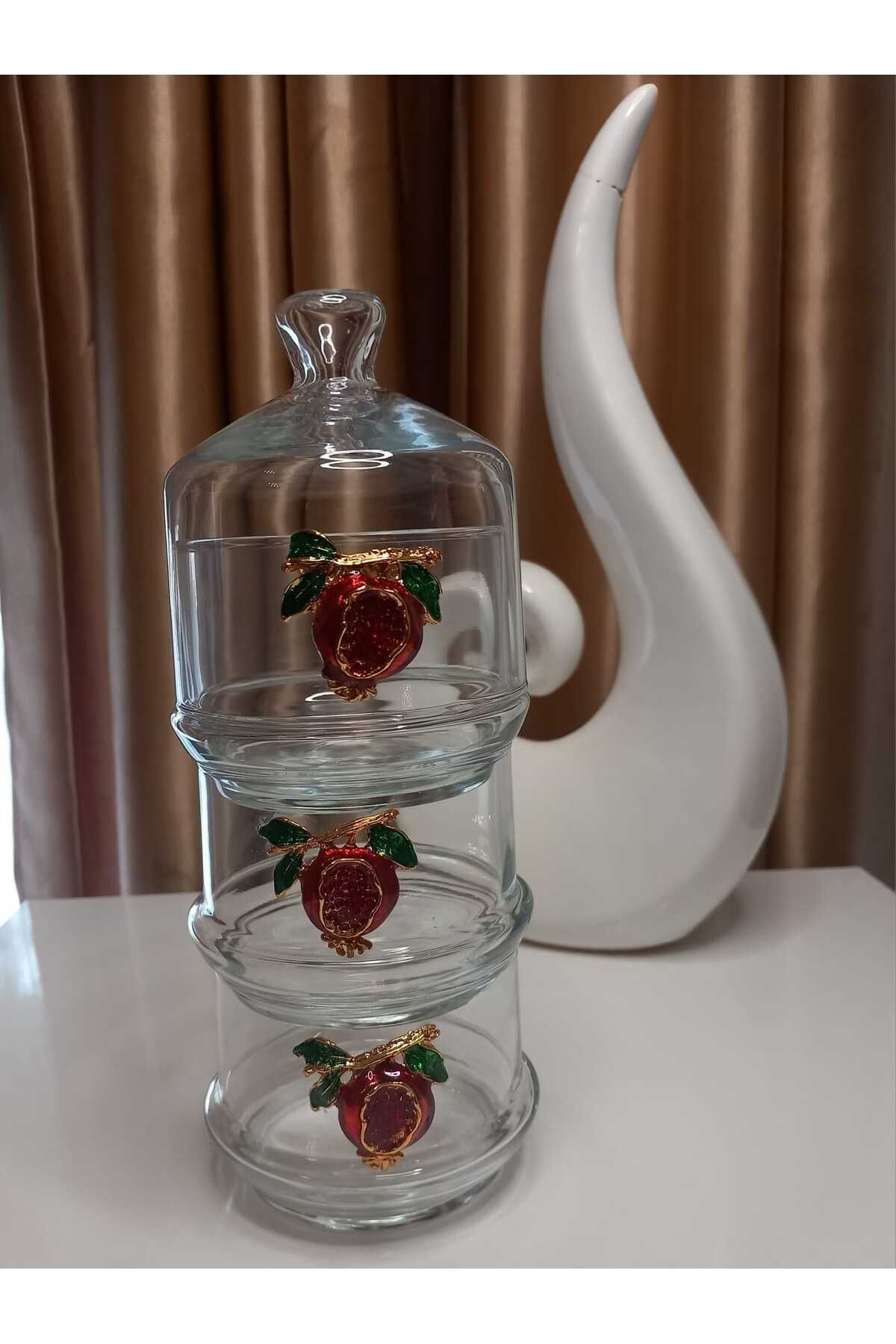 Narlı Villa Patisserie Küçük Boy 3 Katlı Kurabiyelik Sunum Cam Kapaklı Saklama Kabı