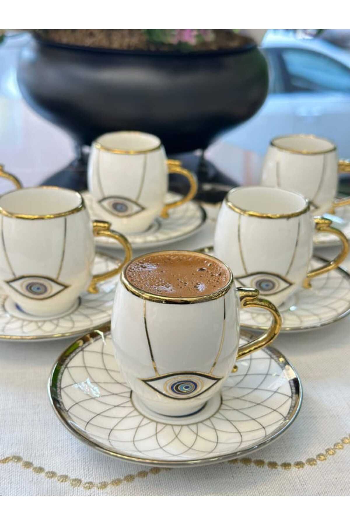 12 Parça 6 Kişilik Nazar Porselen Türk Kahve Fincan Takımı