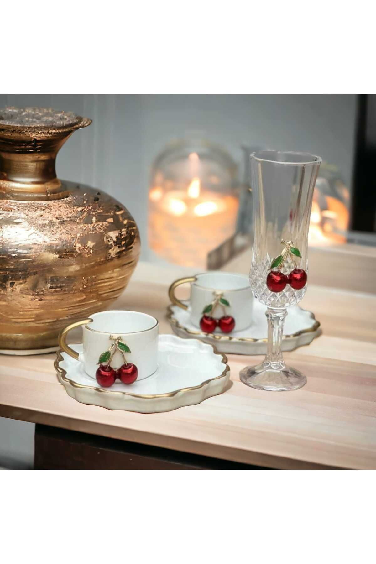 2 Kişilik 4 Parça Arges Kirazlı Türk Kahve Fincan Takımı