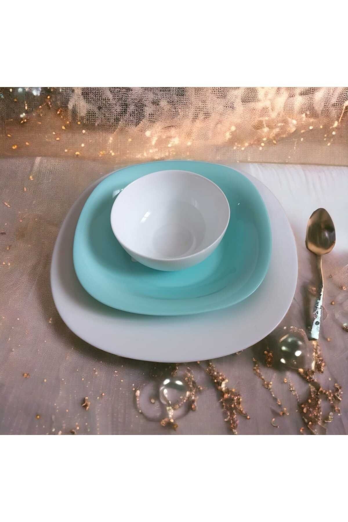 Carine Beyaz-Turkuaz Yemek Tabağı 24 Parça Yemek Takımı