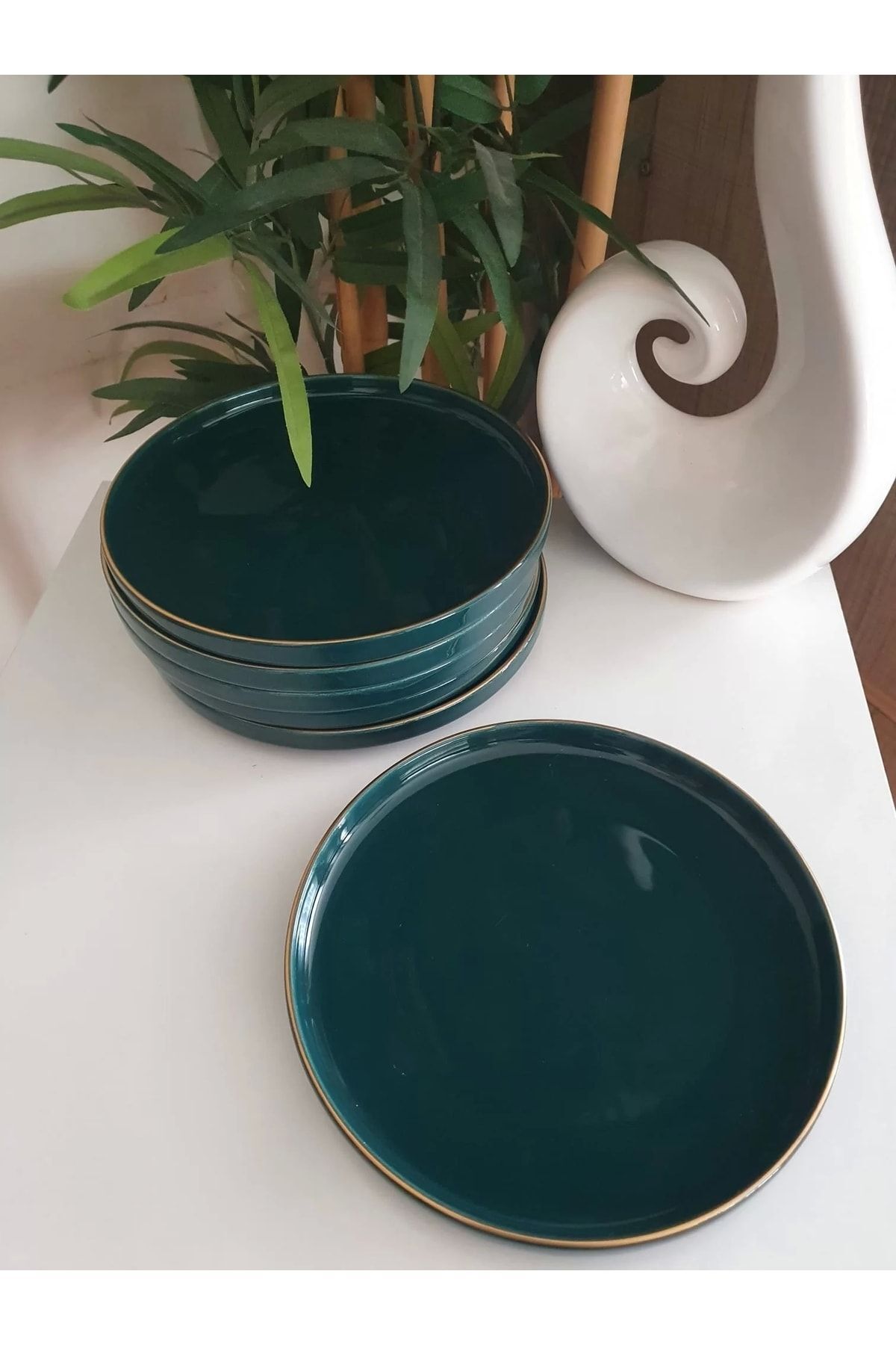 6 Kişilik Yeşil Yaldızlı Pasta Tabağı